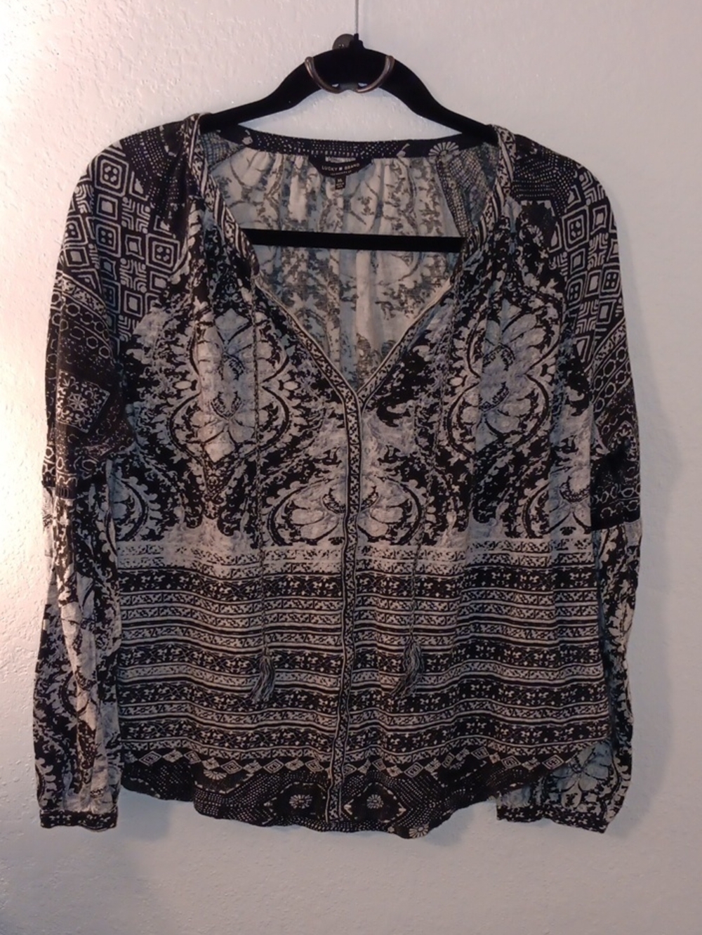 Lucky Brand Black and White Boho Peasant Blouse